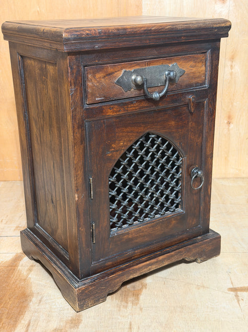Solid Sheesham Wood Bedside Cabinet | Colonial Jali Lattice Arch Drawer