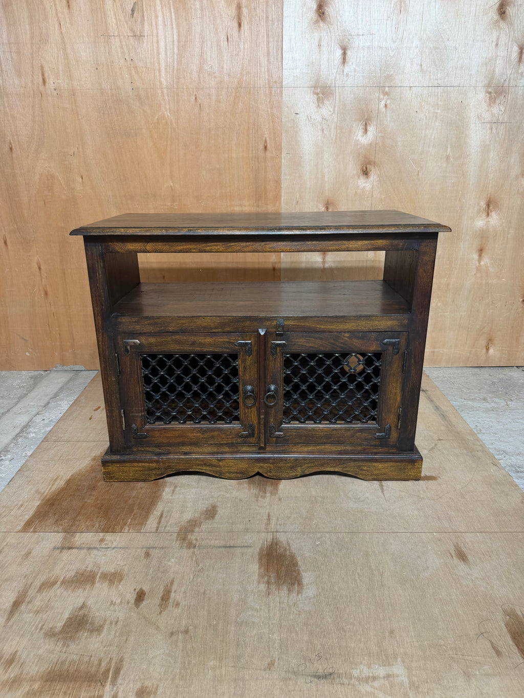 Solid Sheesham Wood TV Stand Cabinet Jali Lattice Doors Iron Handles