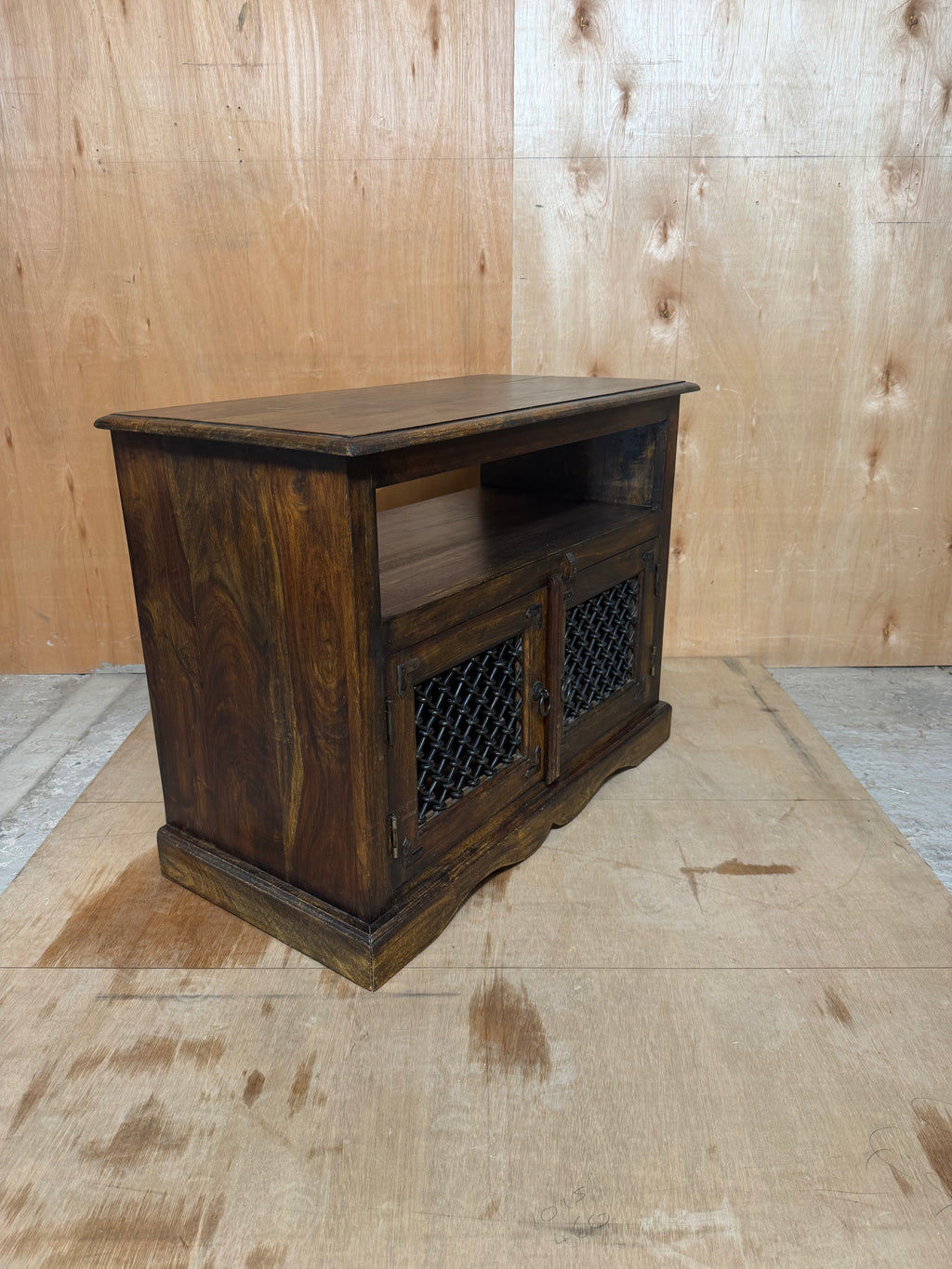 Solid Sheesham Wood TV Stand Cabinet Jali Lattice Doors Iron Handles