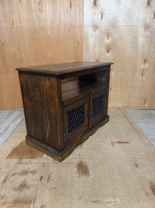 Solid Sheesham Wood TV Stand Cabinet Jali Lattice Doors Iron Handles