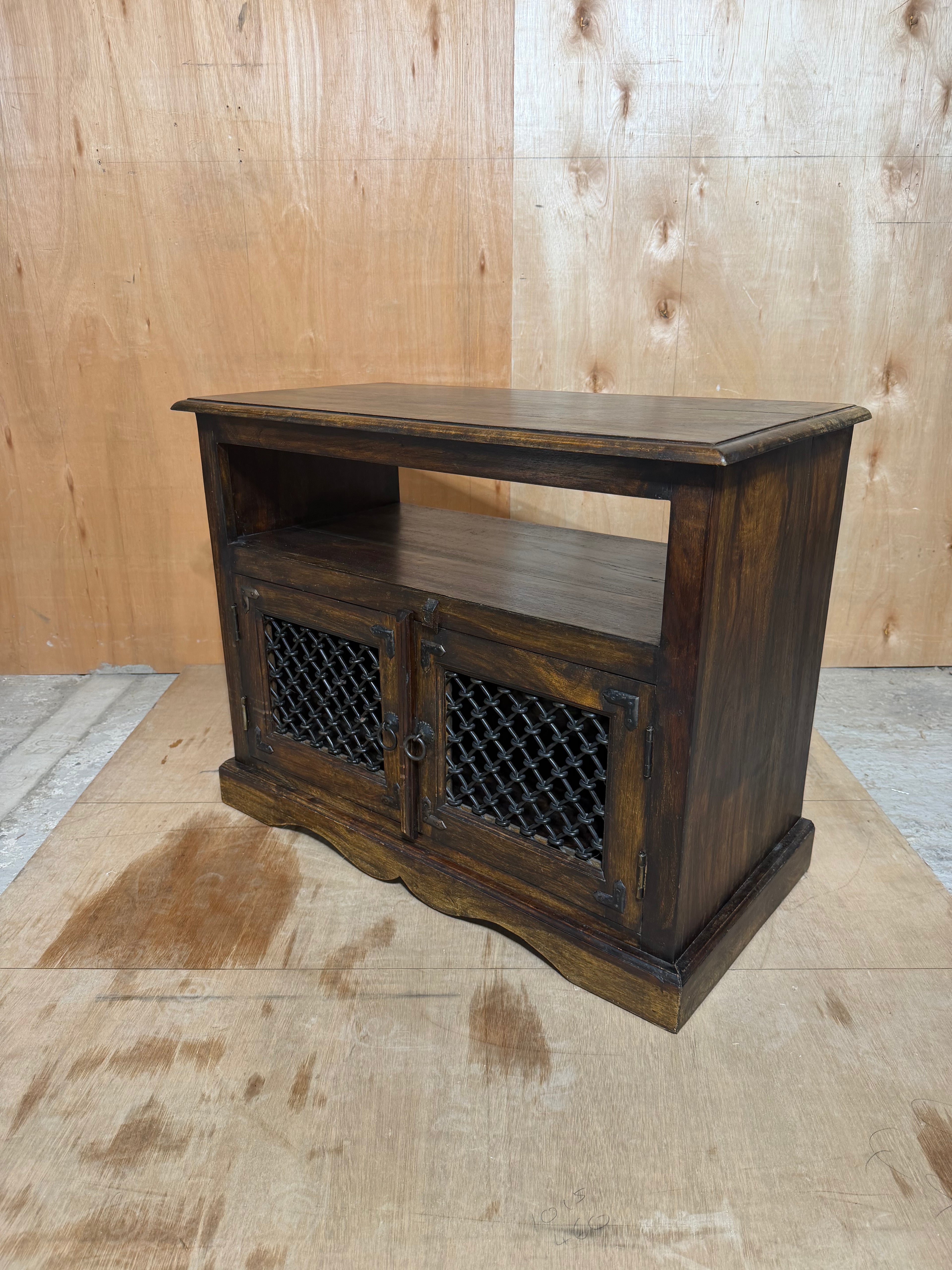 Solid Sheesham Wood TV Stand Cabinet Jali Lattice Doors Iron Handles