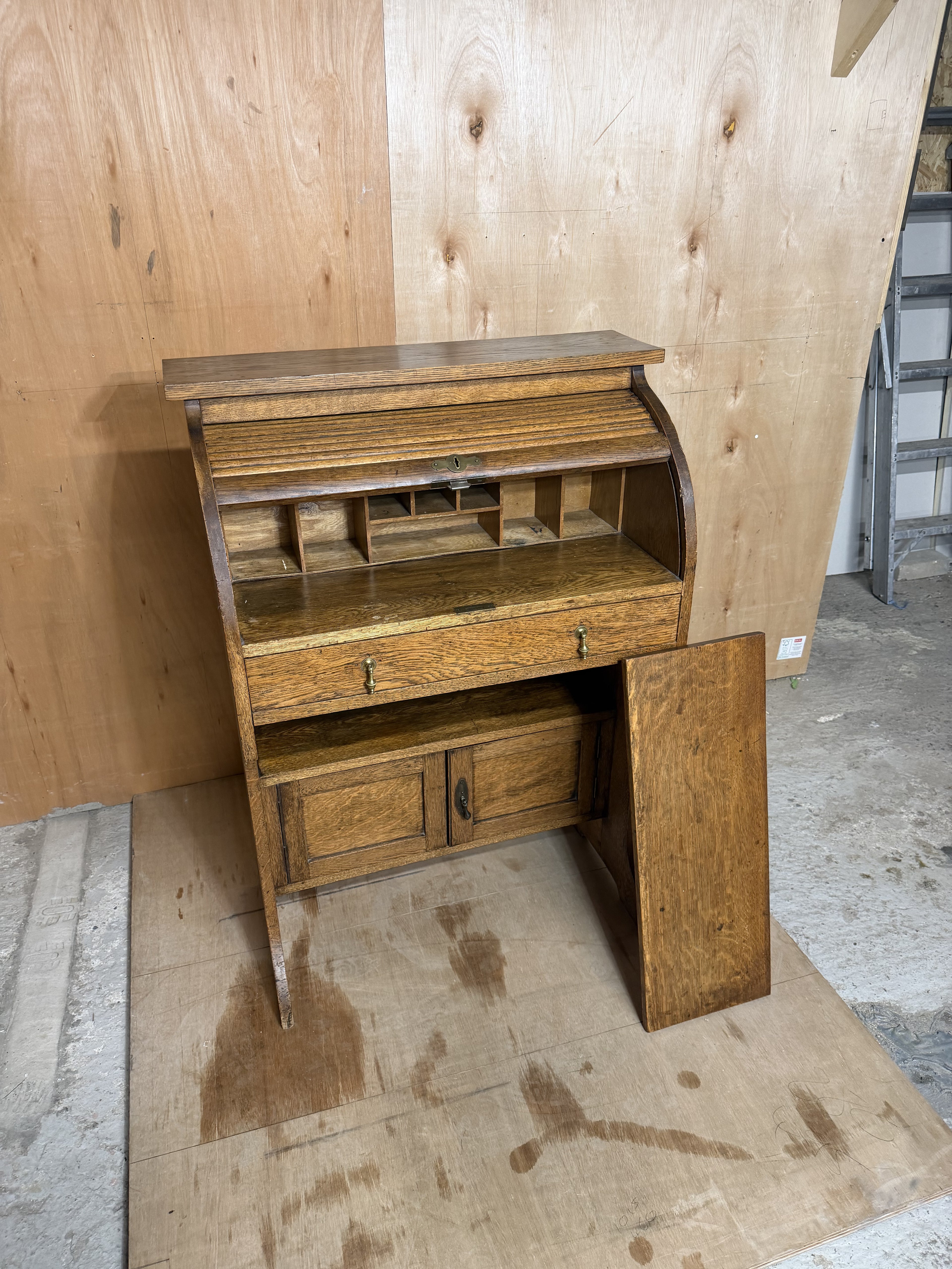 Vintage Oak Roll-Top Writing Bureau Desk | Early 20th Century Tambour Desk