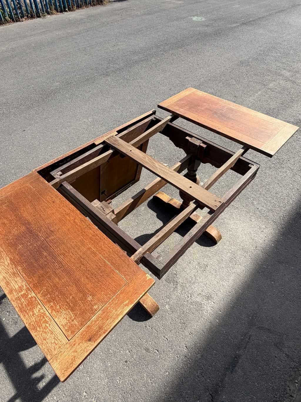 Vintage 1953 English Oak Draw-Leaf Extending Dining Table | Carved Trestle Base