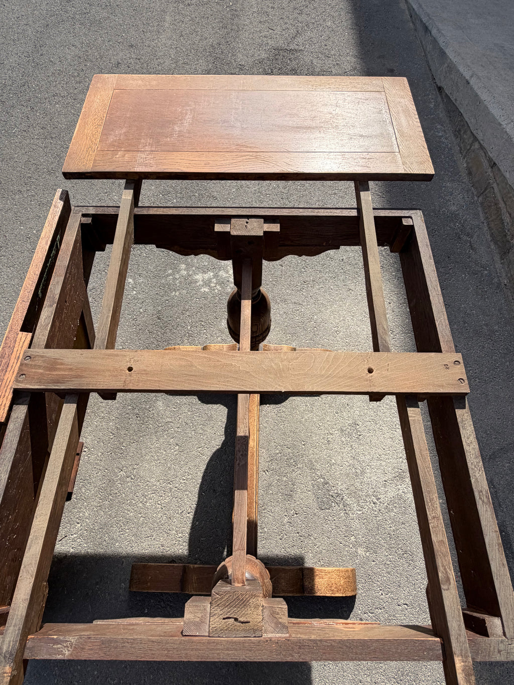 Vintage 1953 English Oak Draw-Leaf Extending Dining Table | Carved Trestle Base