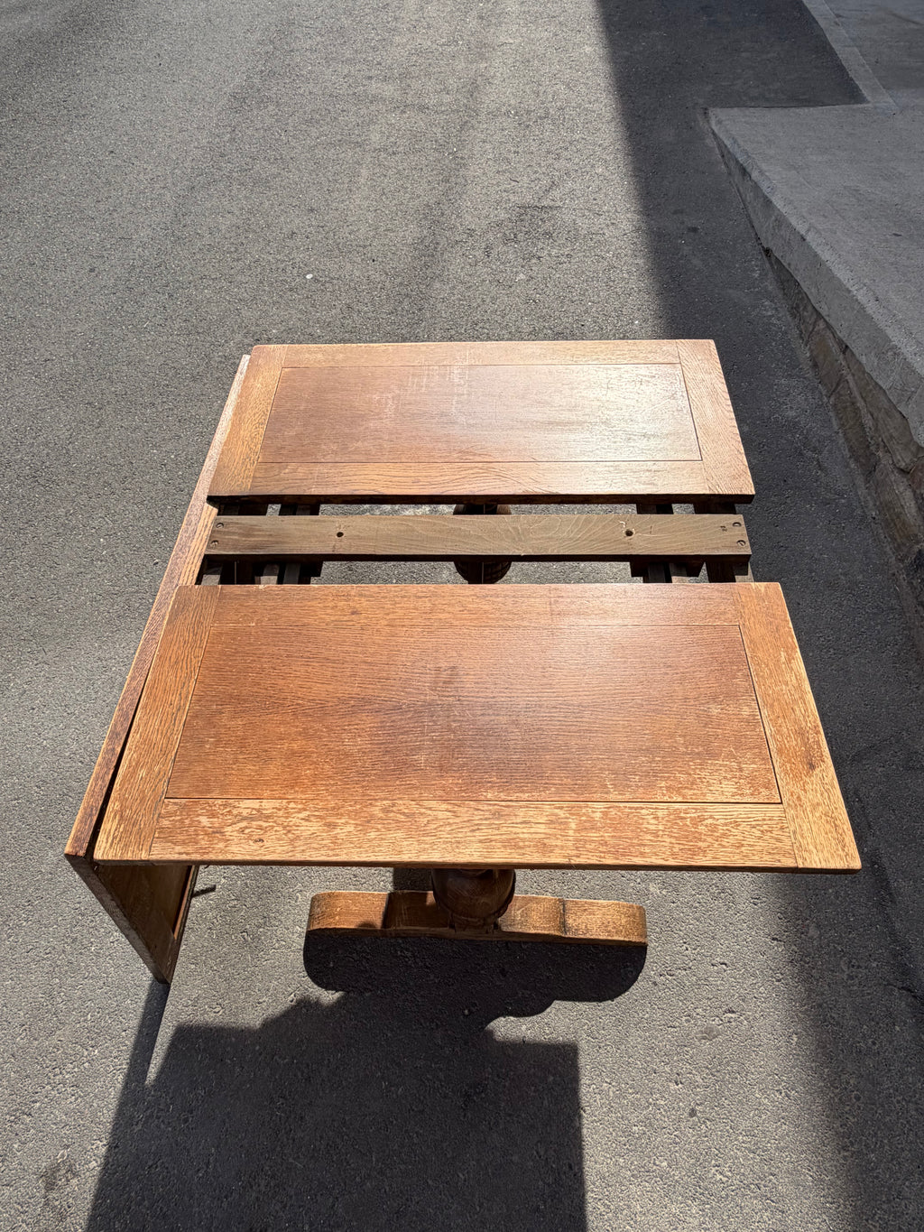 Vintage 1953 English Oak Draw-Leaf Extending Dining Table | Carved Trestle Base