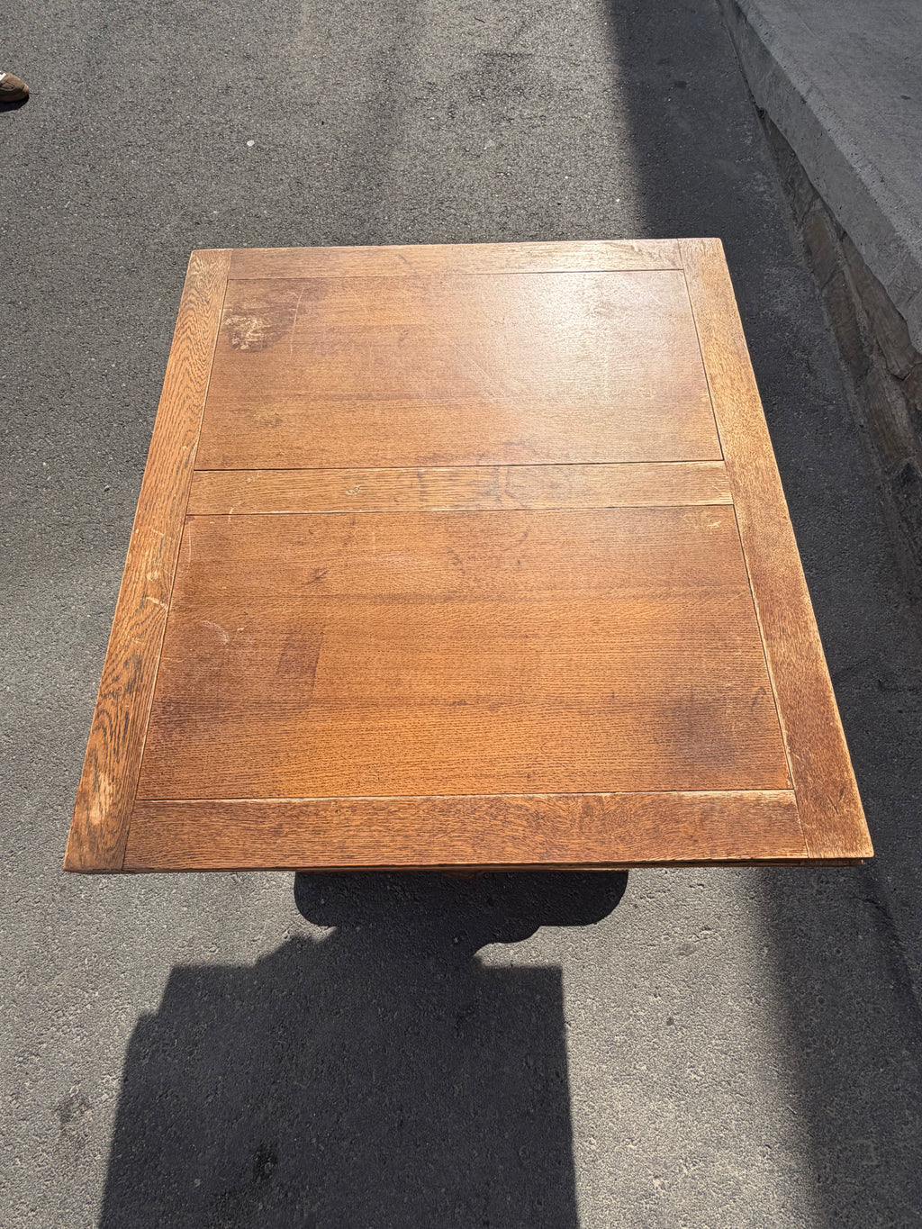Vintage 1953 English Oak Draw-Leaf Extending Dining Table | Carved Trestle Base