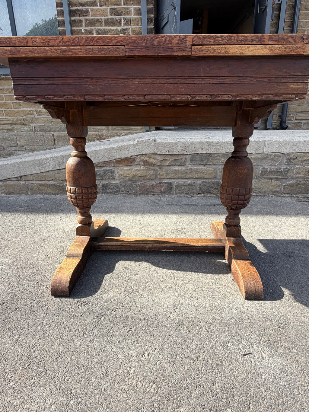Vintage 1953 English Oak Draw-Leaf Extending Dining Table | Carved Trestle Base