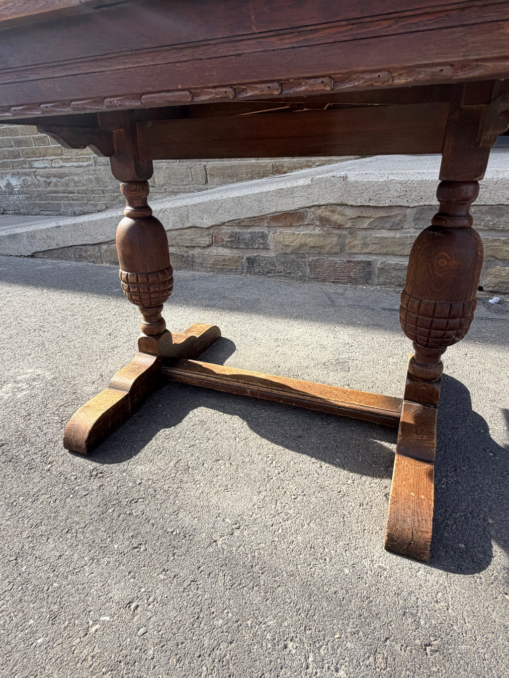 Vintage 1953 English Oak Draw-Leaf Extending Dining Table | Carved Trestle Base