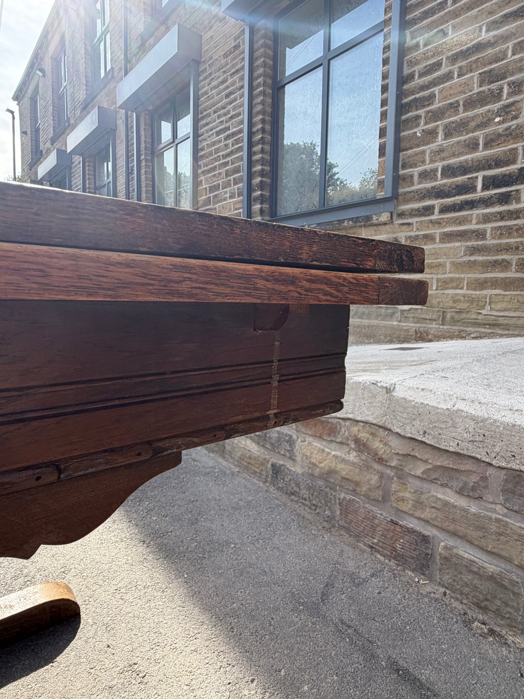 Vintage 1953 English Oak Draw-Leaf Extending Dining Table | Carved Trestle Base