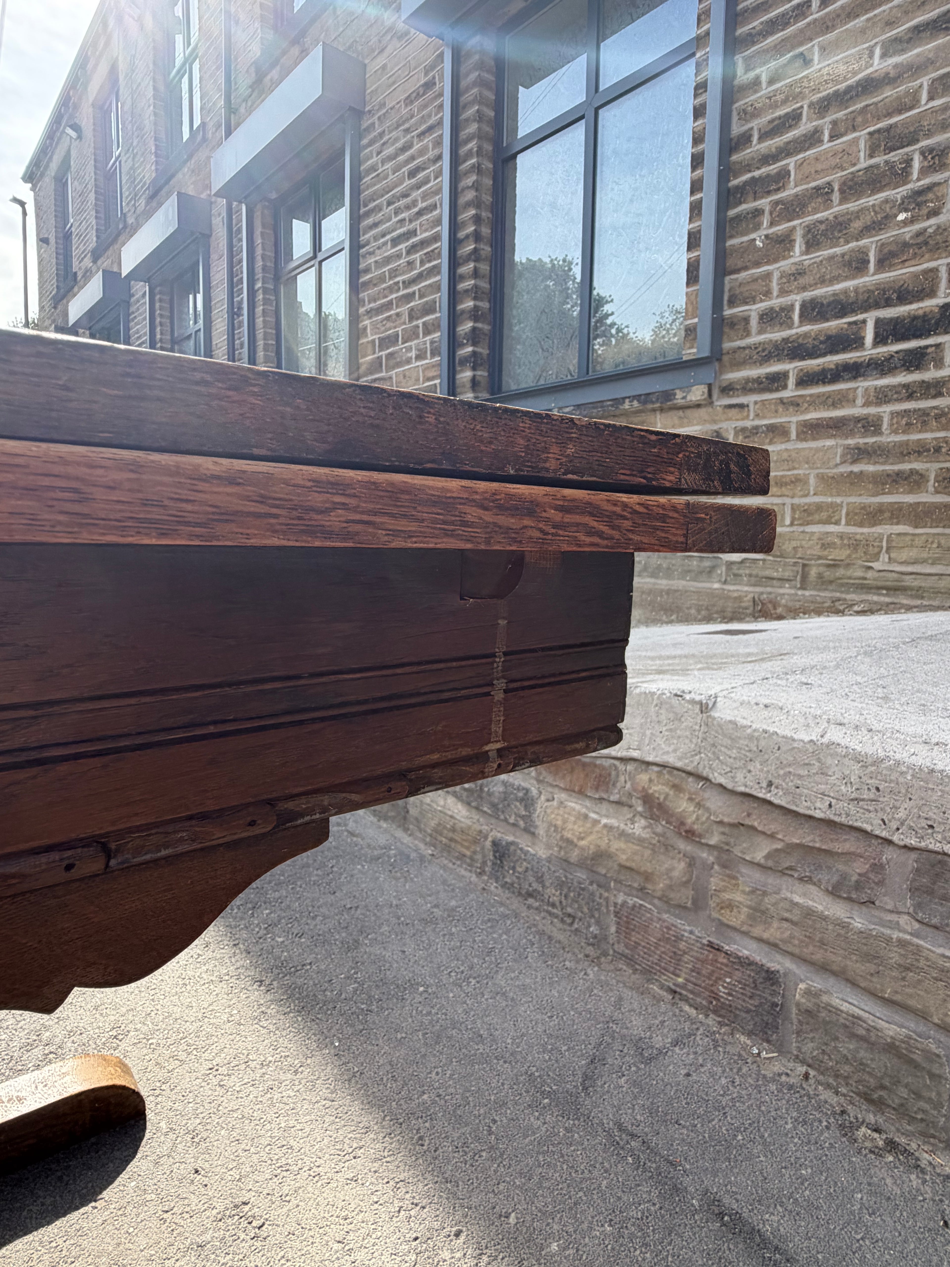 Vintage 1953 English Oak Draw-Leaf Extending Dining Table | Carved Trestle Base