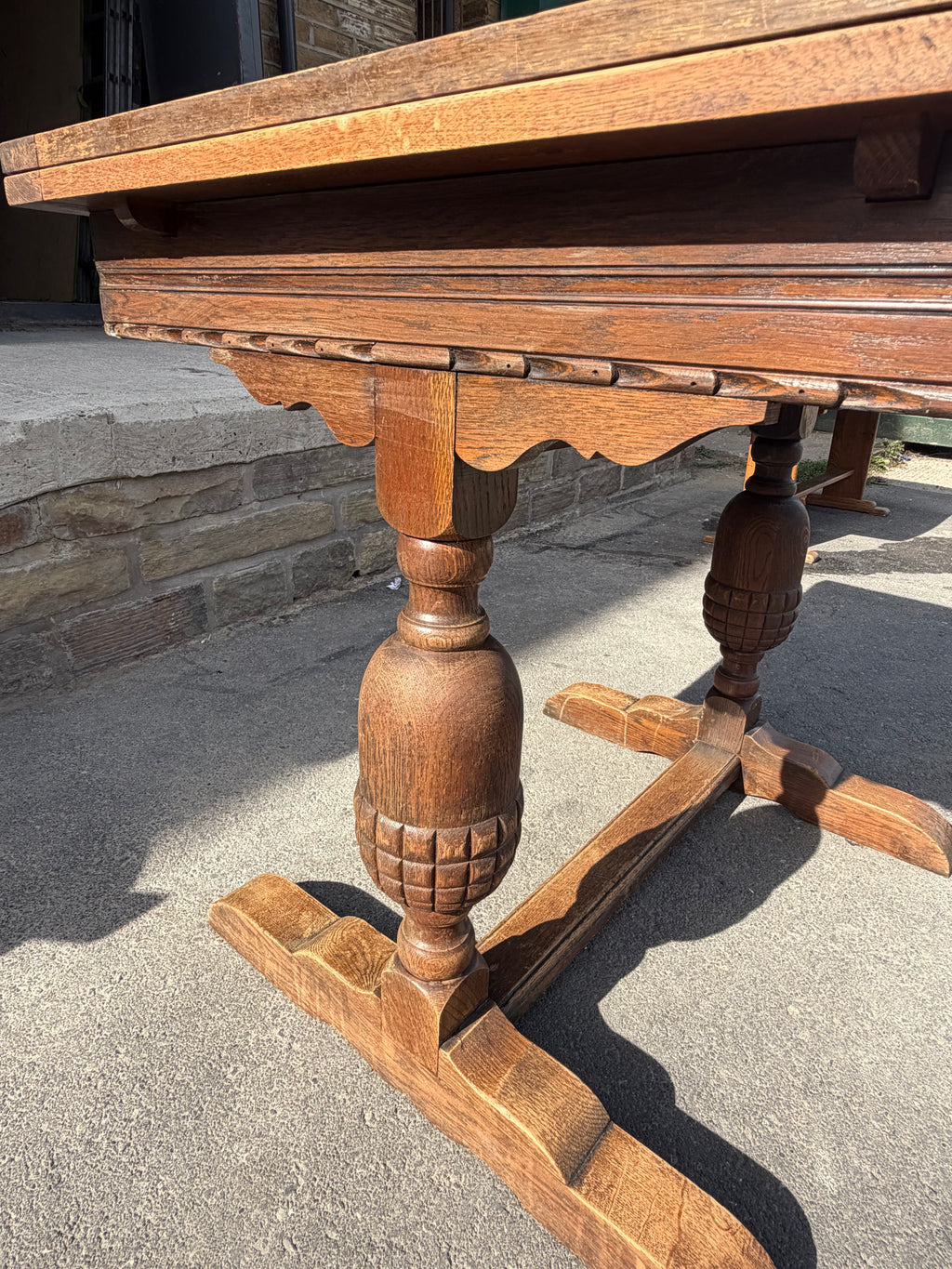 Vintage 1953 English Oak Draw-Leaf Extending Dining Table | Carved Trestle Base