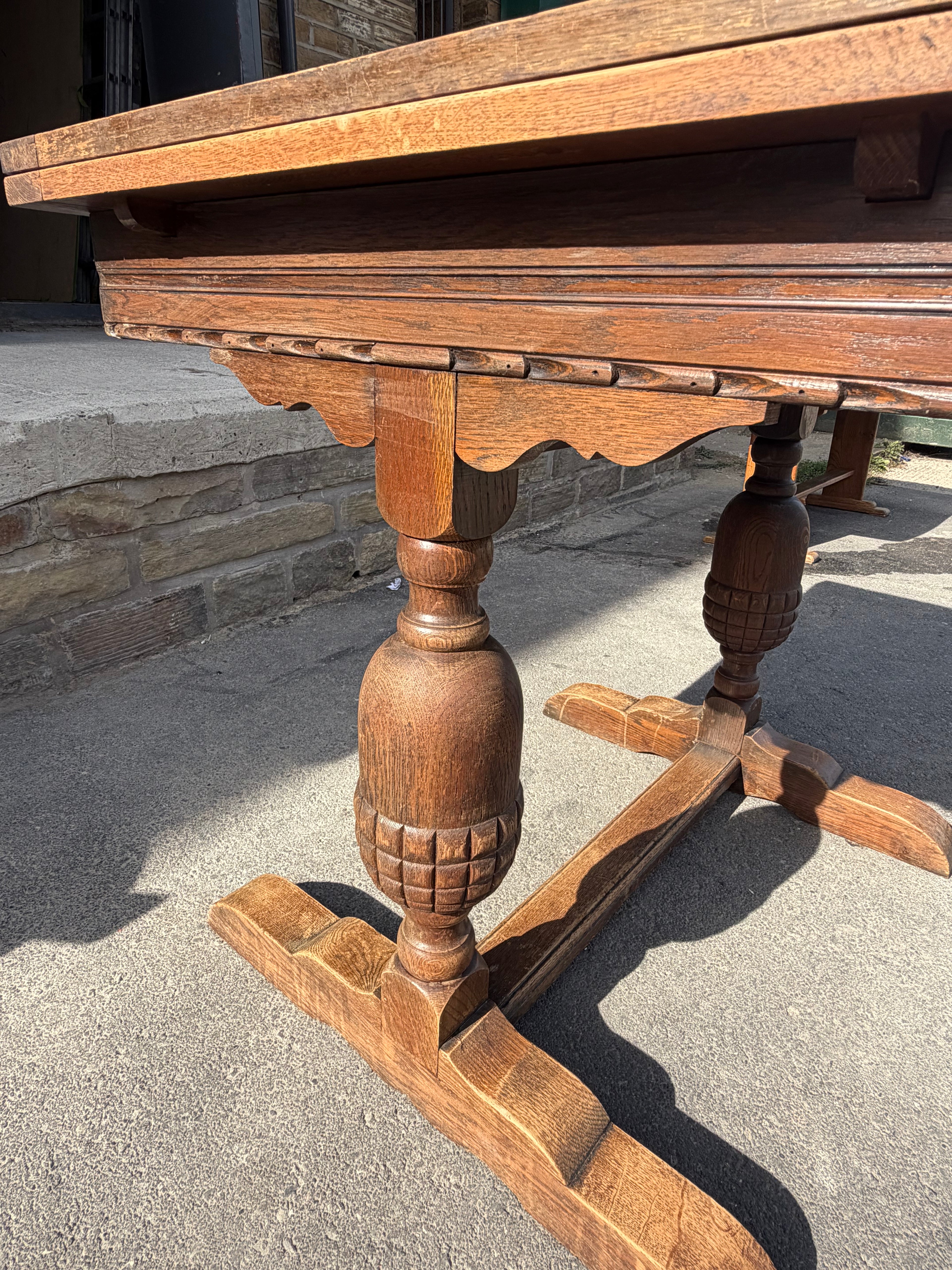 Vintage 1953 English Oak Draw-Leaf Extending Dining Table | Carved Trestle Base