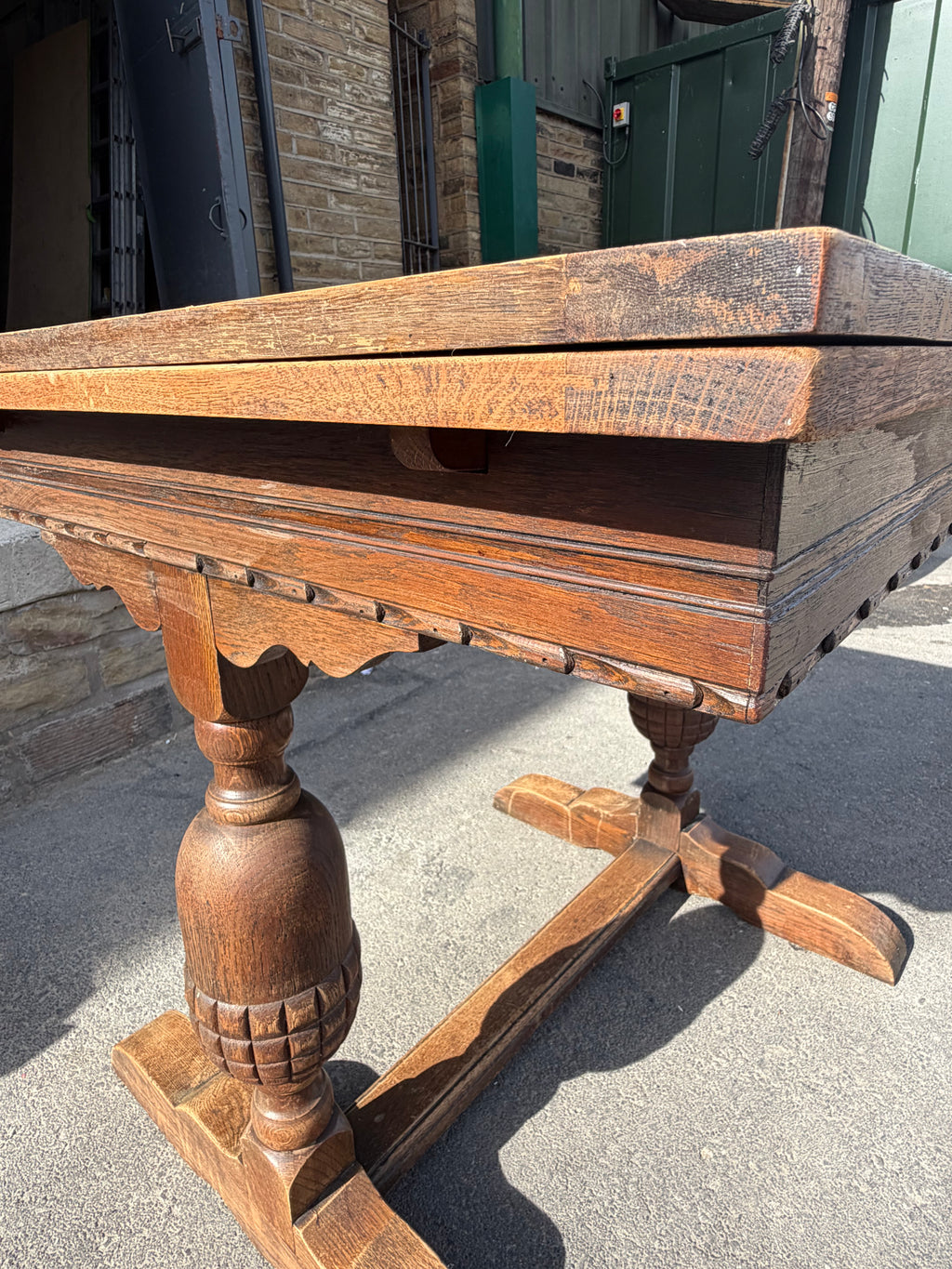 Vintage 1953 English Oak Draw-Leaf Extending Dining Table | Carved Trestle Base