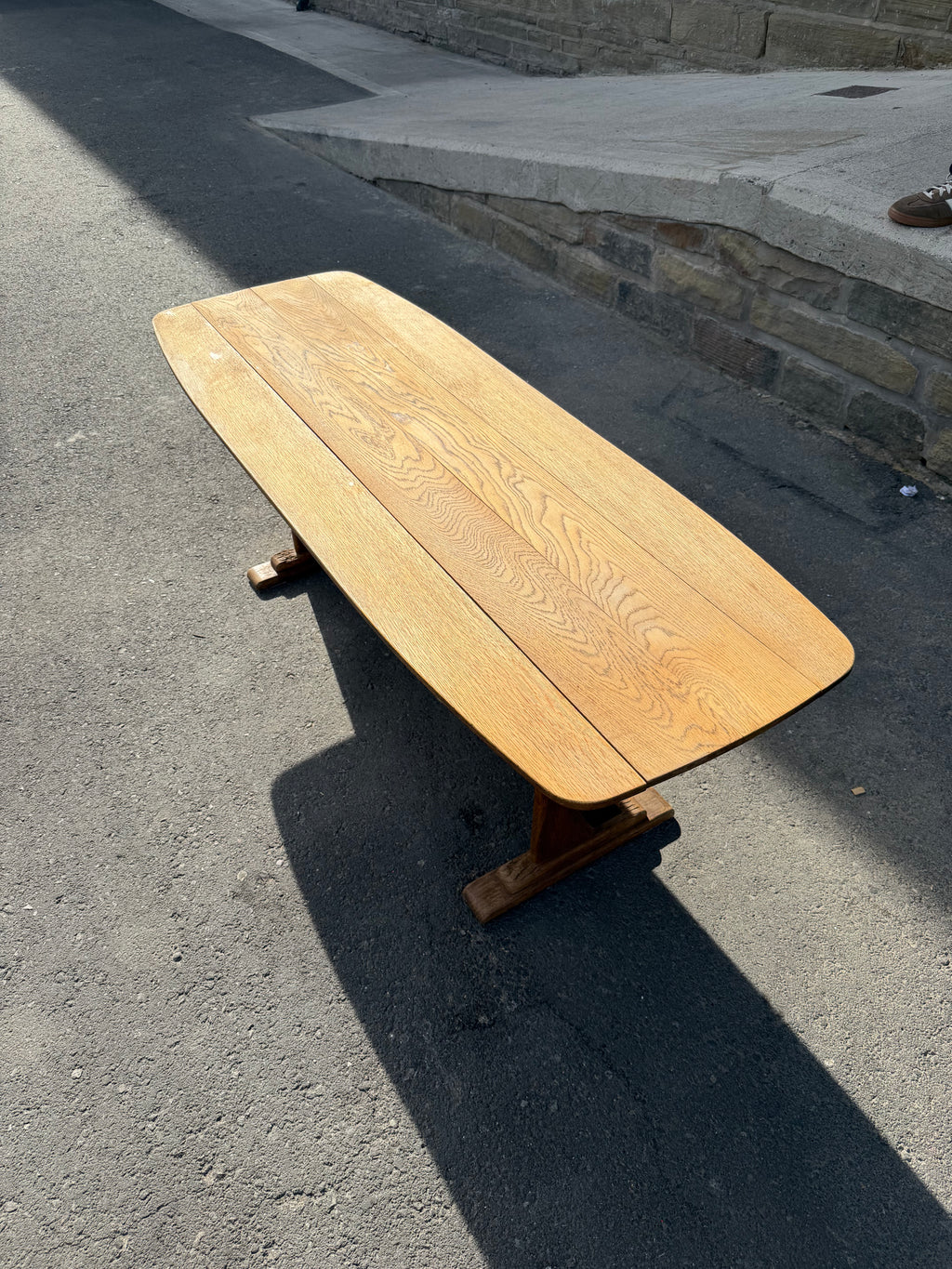 Vintage Solid Oak Surfboard Coffee Table | Monastery Trestle Base