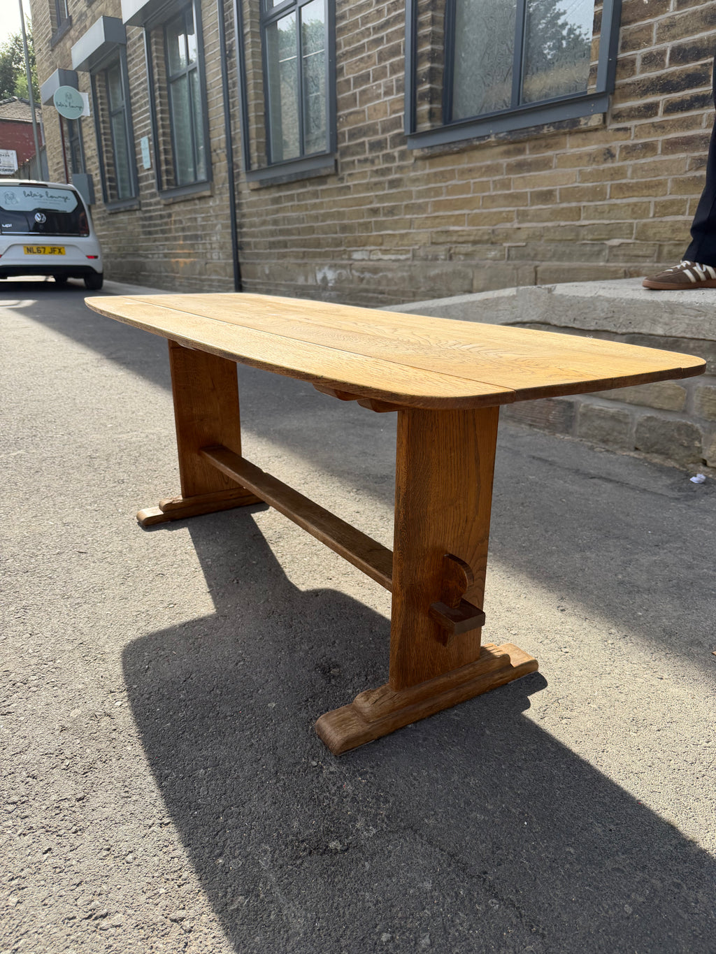 Vintage Solid Oak Surfboard Coffee Table | Monastery Trestle Base