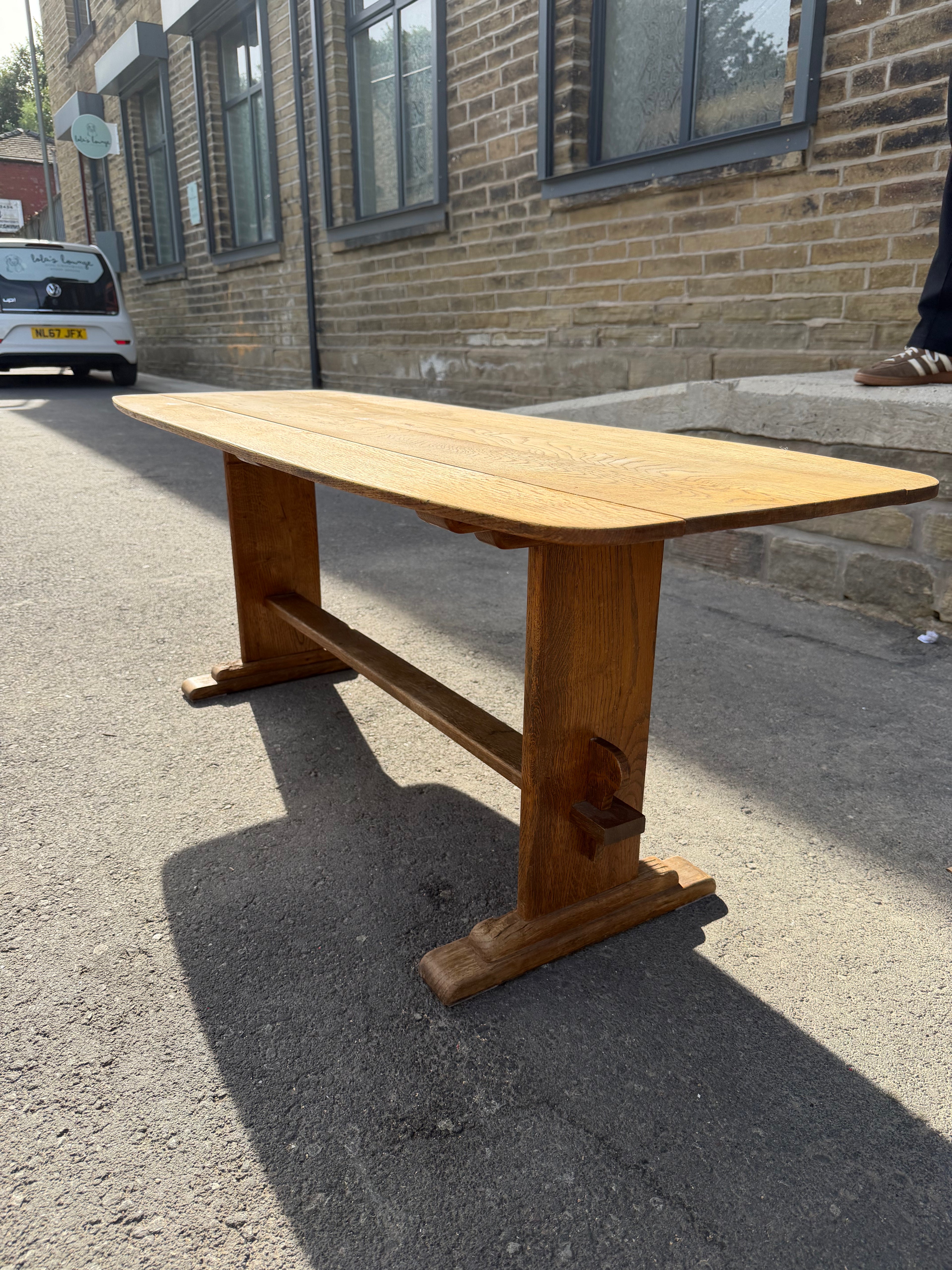 Vintage Solid Oak Surfboard Coffee Table | Monastery Trestle Base
