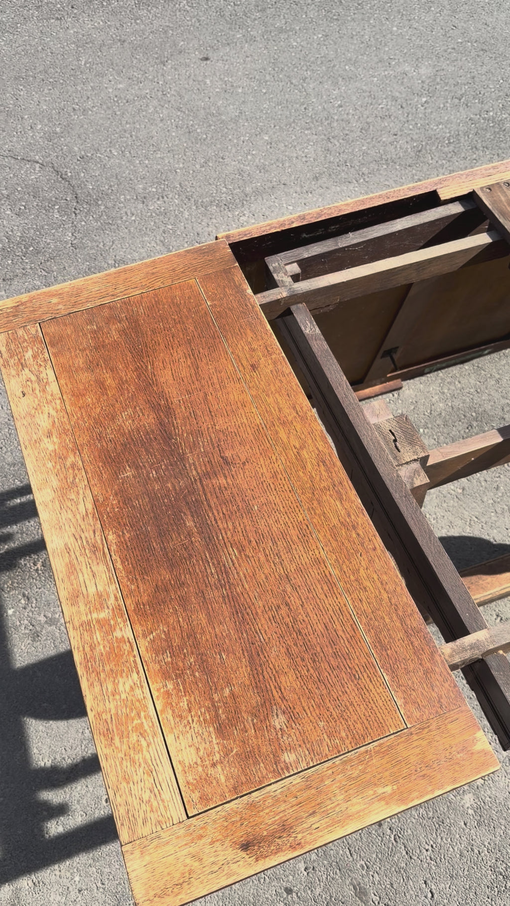 Vintage 1953 English Oak Draw-Leaf Extending Dining Table | Carved Trestle Base