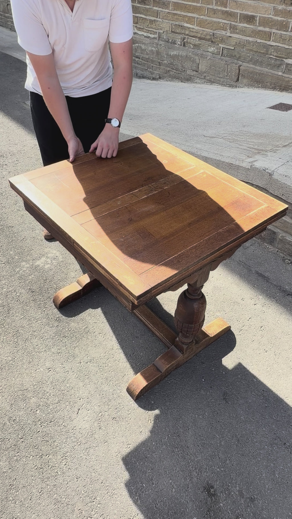 Vintage 1953 English Oak Draw-Leaf Extending Dining Table | Carved Trestle Base