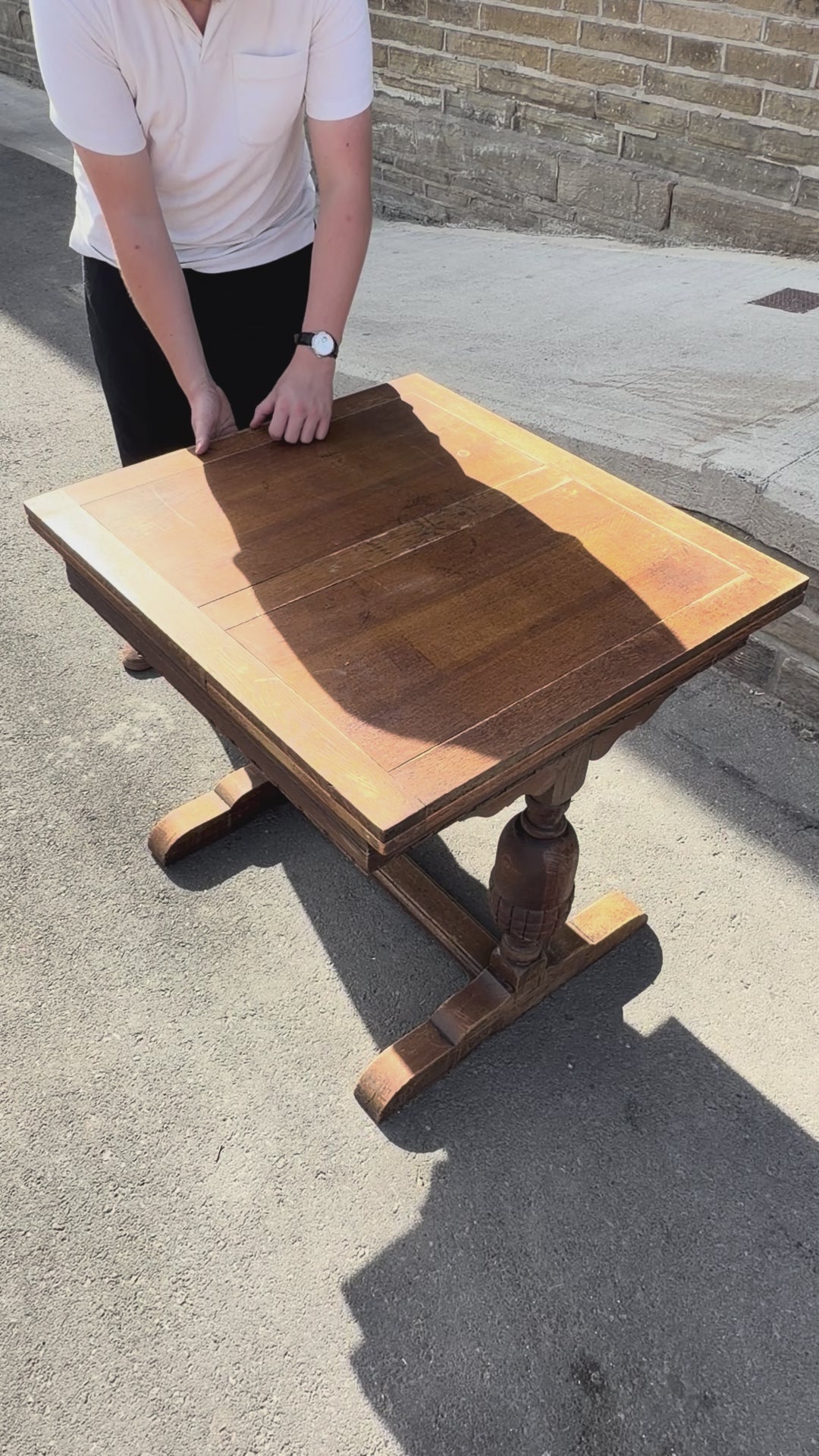 Vintage 1953 English Oak Draw-Leaf Extending Dining Table | Carved Trestle Base